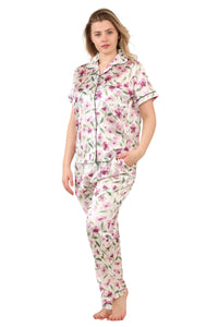 Luxury Floral Satin Pajama Set for Women - Short Sleeve Button-Up Top and Long Pants With pockets - Elaina Fashion