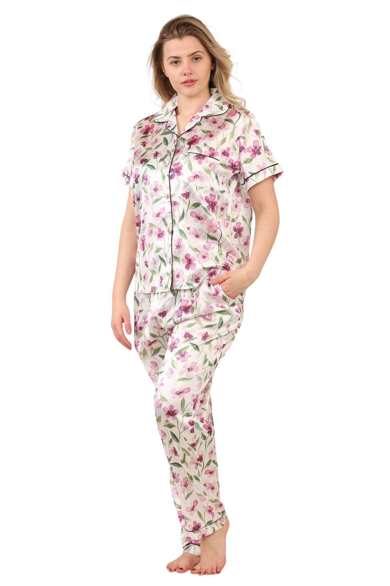 Luxury Floral Satin Pajama Set for Women - Short Sleeve Button-Up Top and Long Pants With pockets - Elaina Fashion
