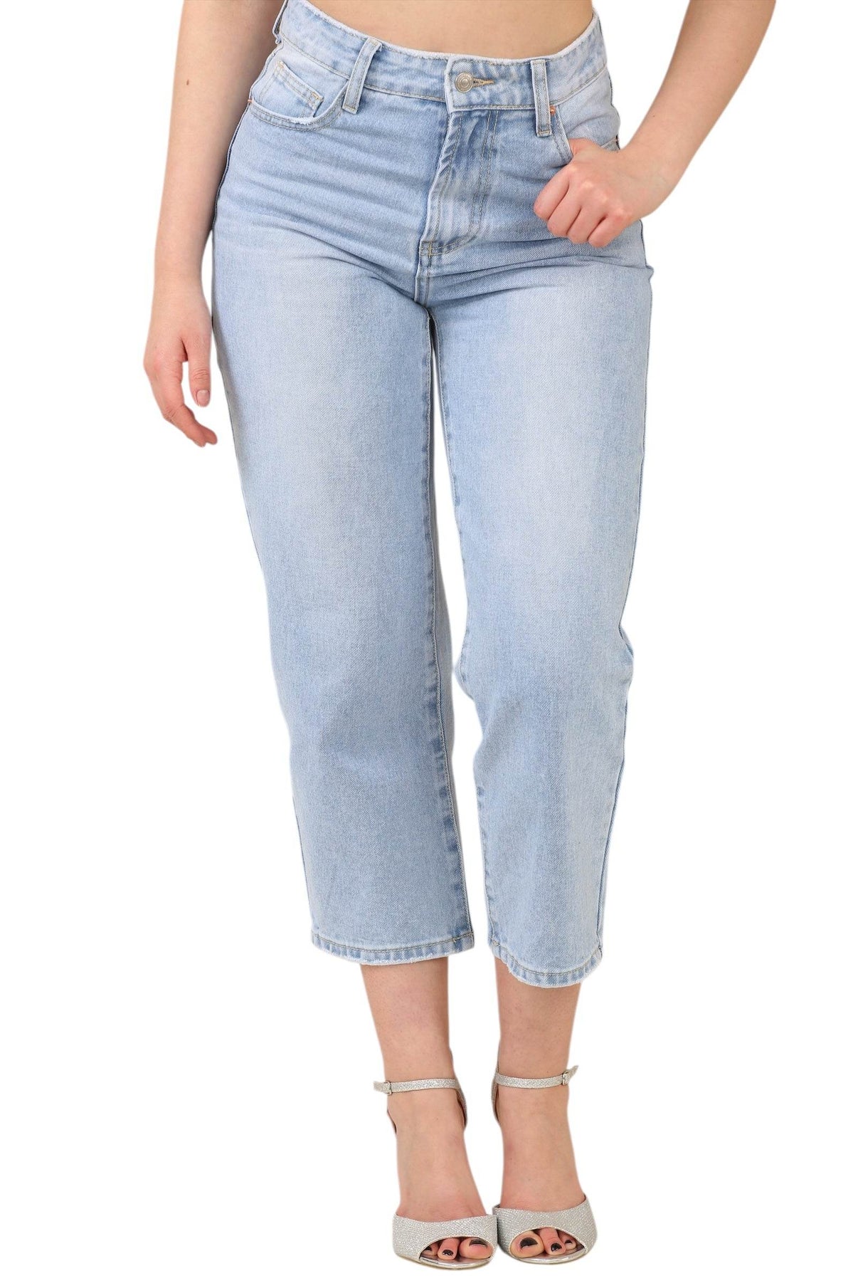 High-Waisted Mid Wash Cropped Jeans - Elaina Fashion