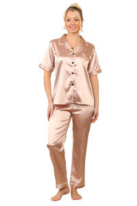 Rose Gold Short sleeve satin Pj set, elaina fashion Women's Rose Gold Silk Satin Pyjama Sleepwear Set Button Down Short Sleeves - Elaina Fashion