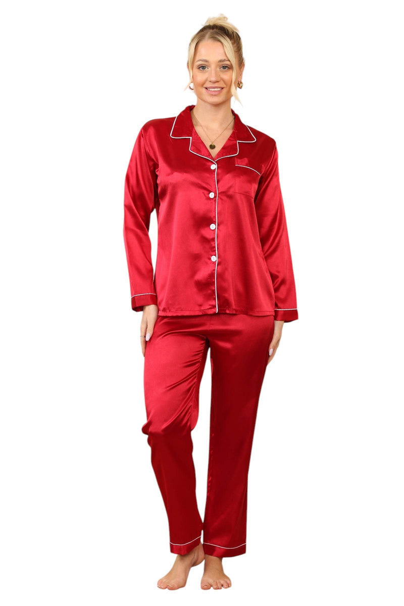 Red Long sleeve satin Pj set, elaina fashion Women's Red Silk Satin Pyjama Sleepwear Set Button Down Long Sleeves Wedding Loungewear Silk 2 Piece PJs Pant - Elaina Fashion
