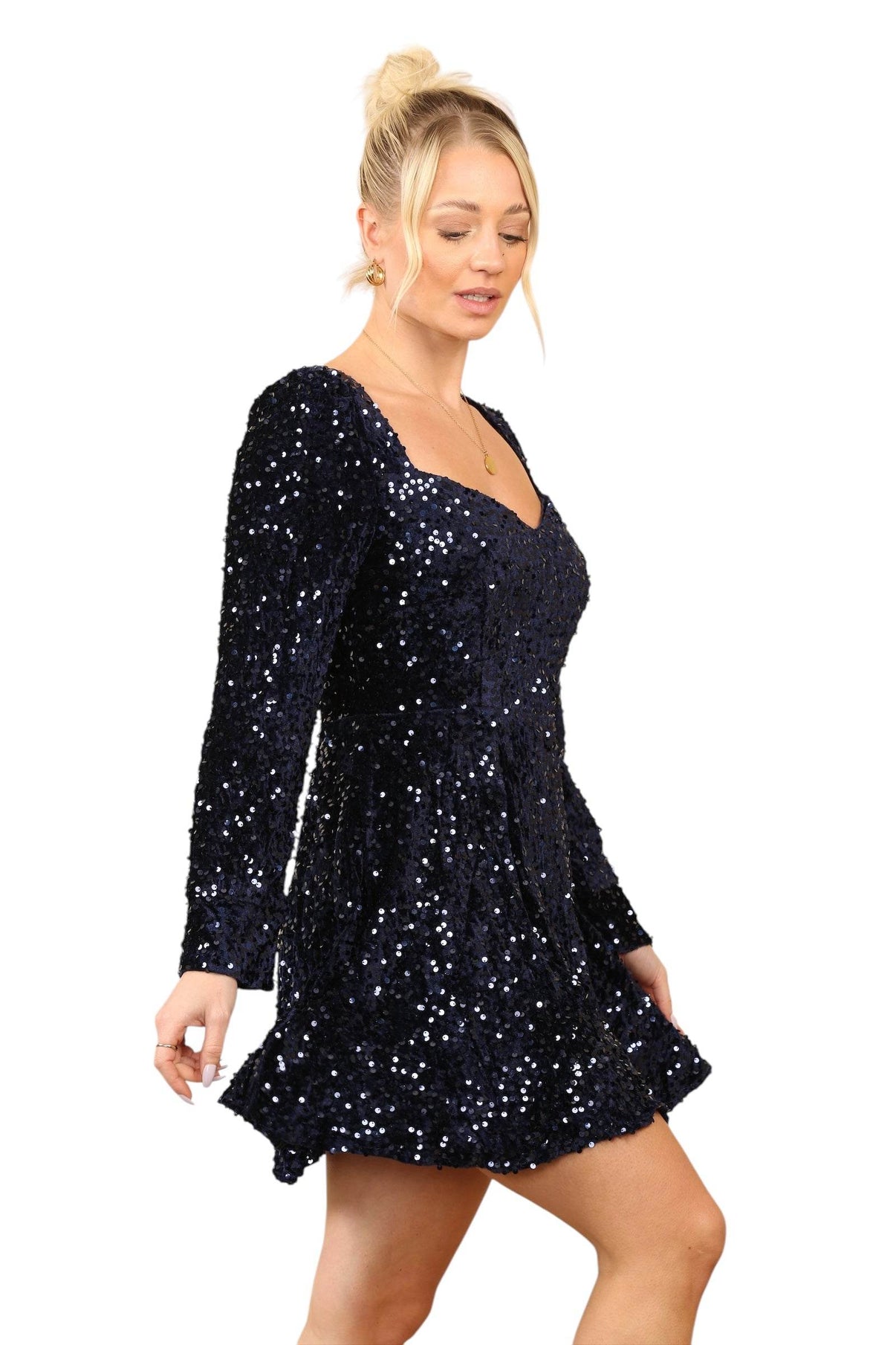 Navy Blue Velvet Sequin Dress – Perfect for Glamorous Evenings - Elaina Fashion