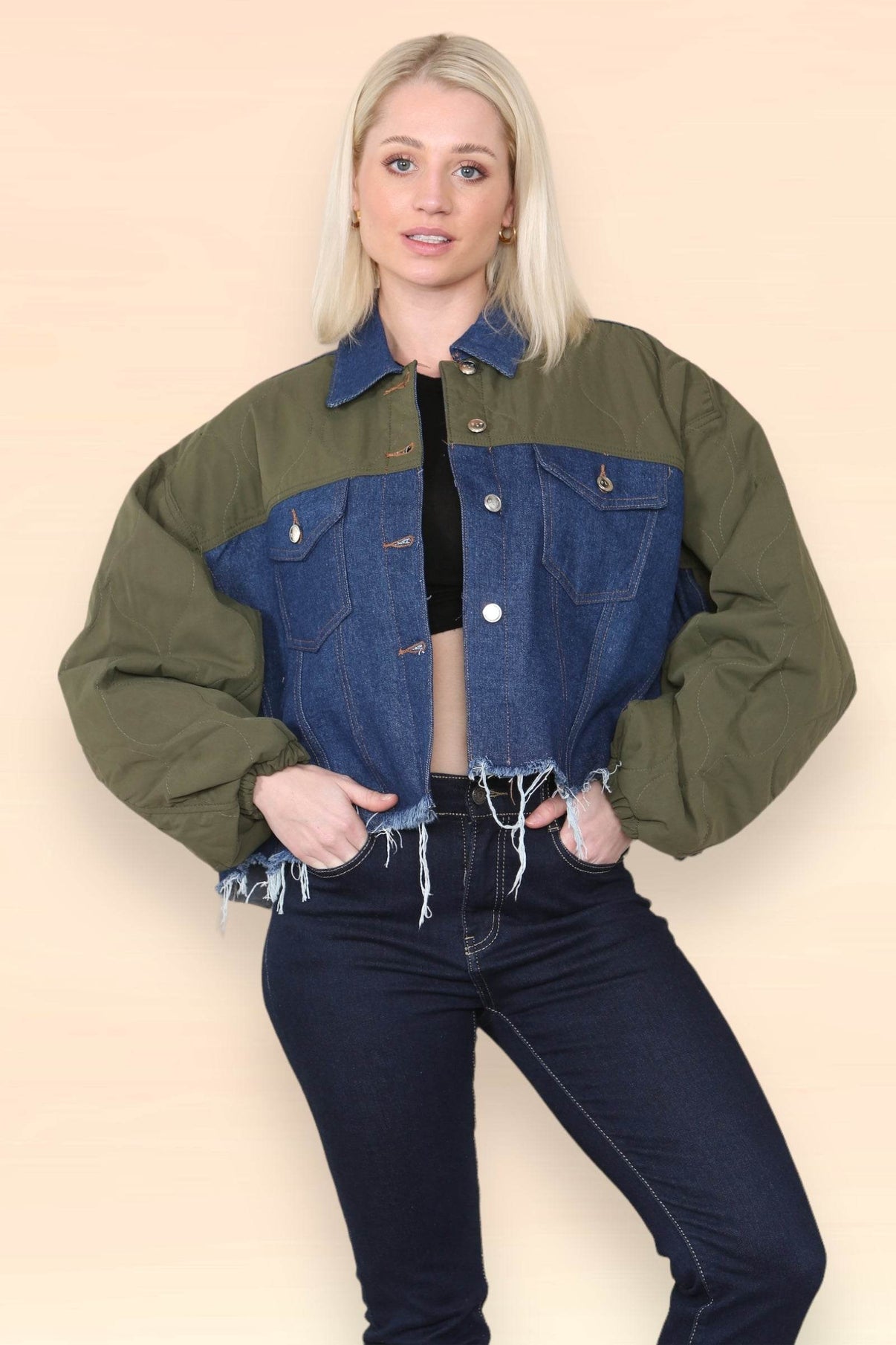 Elaina Fashion Women's Khaki & Denim Jacket Casual Short Jean Coat Color Block Lapel Button Down Ripped Hem Shirt Denim Regular Fit Shacket Streetwear - Elaina Fashion