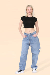 Women’s Denim Blue High Waist Loose Baggy Boyfriend Flared Jeans with Side Slim Cut Knees - Classic Vintage Tapered Denim Pants Casual Streetwear