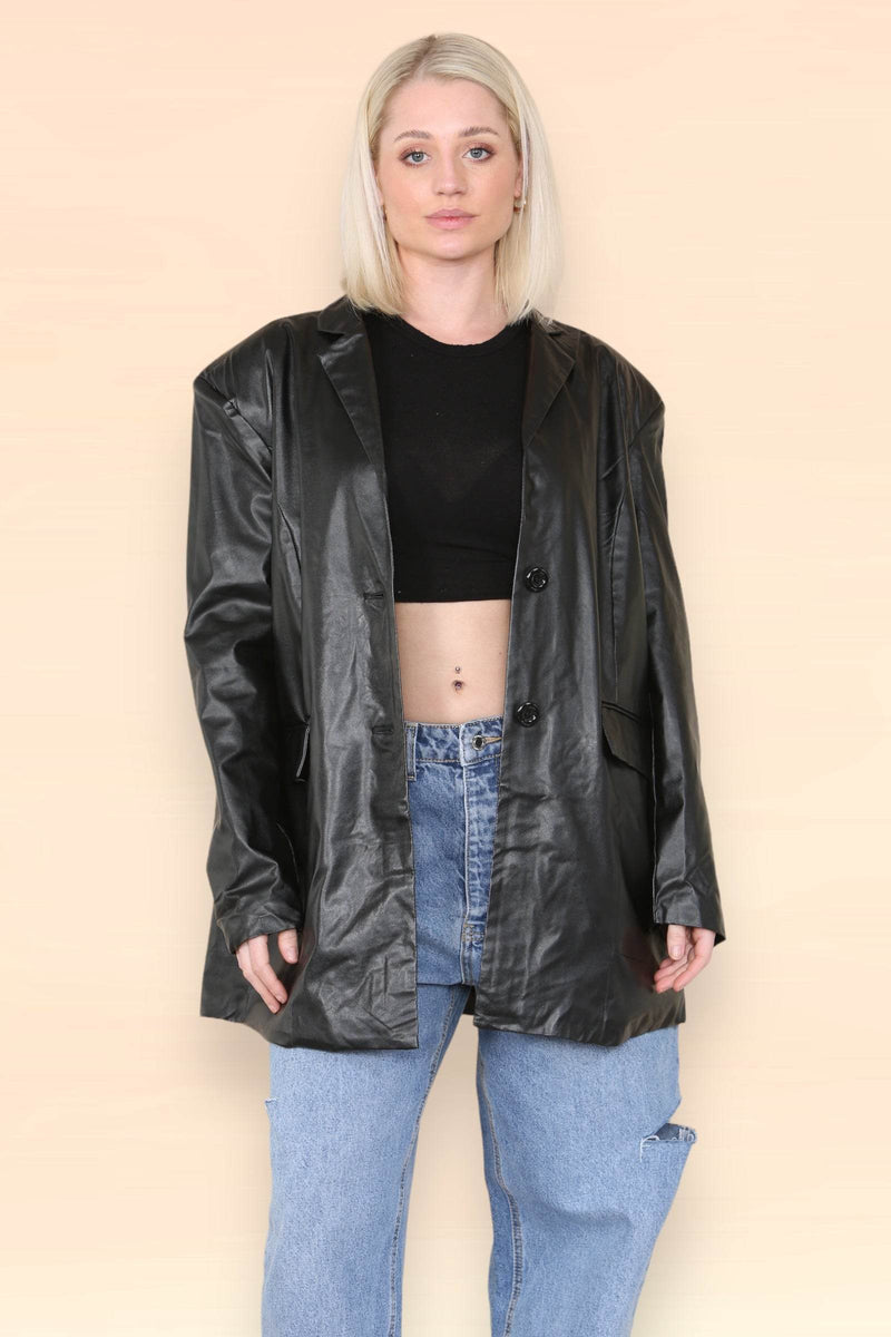 Women's Black Casual PU Faux Leather Turndown Collar Shacket with Button Front - Long Sleeve Oversized Blazer Outwear Coat for Bike, Motor, Party, Office, Cardigan Jacket with Pockets - Elaina Fashion