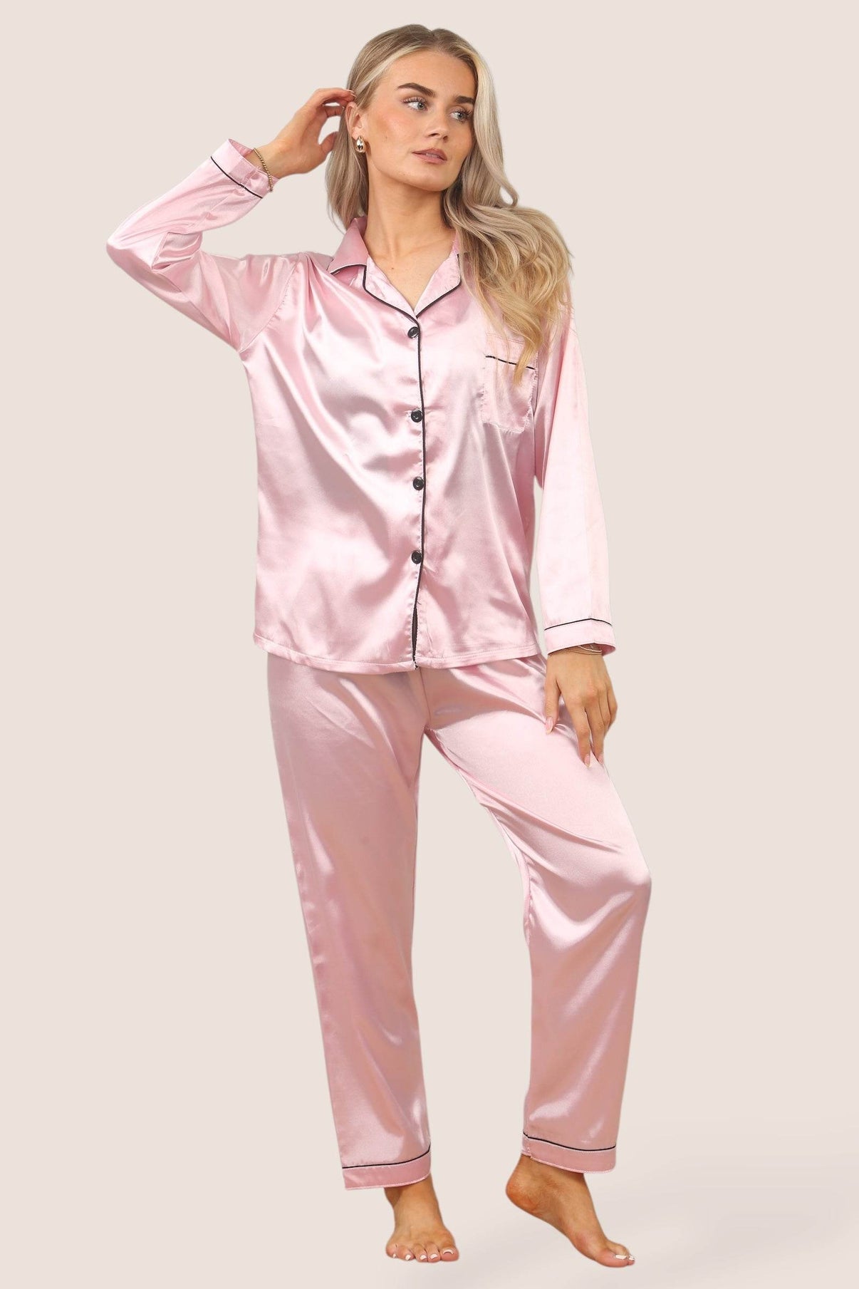 Women's Pink Satin Pajama Sleepwear Set Long Sleeves Soft