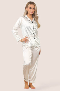 Women's White Satin Pajama Sleepwear Set - Long Sleeves Soft Wedding Loungewear for All Seasons, Button Down 2-Piece Silk PJ Set, Bridal Nightwear - Elaina Fashion