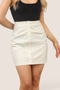 Cream PU button-up petite mini skirt with high waist and front button fastening