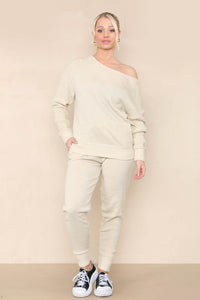 Women Beige Winter Warm Knitted Boat neck Co-Ord Solid Two Piece Loungewear Outfits Set - Elaina Fashion