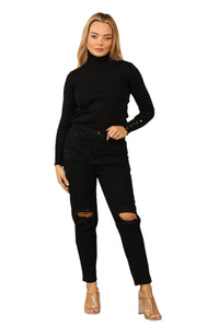 High-Waisted Distressed Mom Jeans – Black - Elaina Fashion
