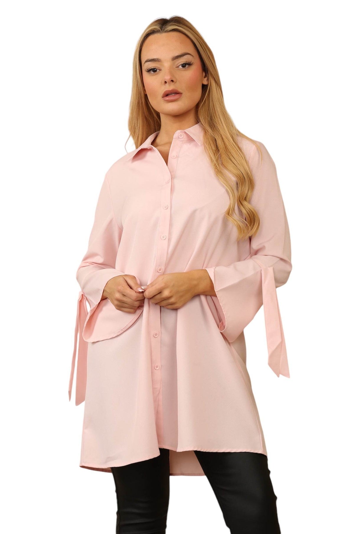 Baby Pink Tie Sleeve Shirt Dress - Elaina Fashion