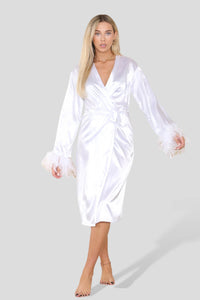 Women's White Satin Gown with Detachable Feather Fur Trim Cuffs and Belt - Ladies Sleepwear for Wedding, Bridesmaid, Loungewear, Bride Party, Lingerie Dressing Gown - Elaina Fashion