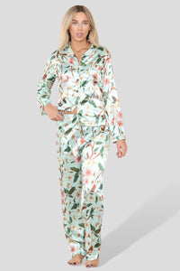 Women's Floral Printed Satin Pyjama Sleepwear Set - Long Sleeve, Soft Button-Down Silk 2piece PJ Nightwear Set for All Seasons, Wedding, Bridal and Bridesmaids Loungewear - Elaina Fashion