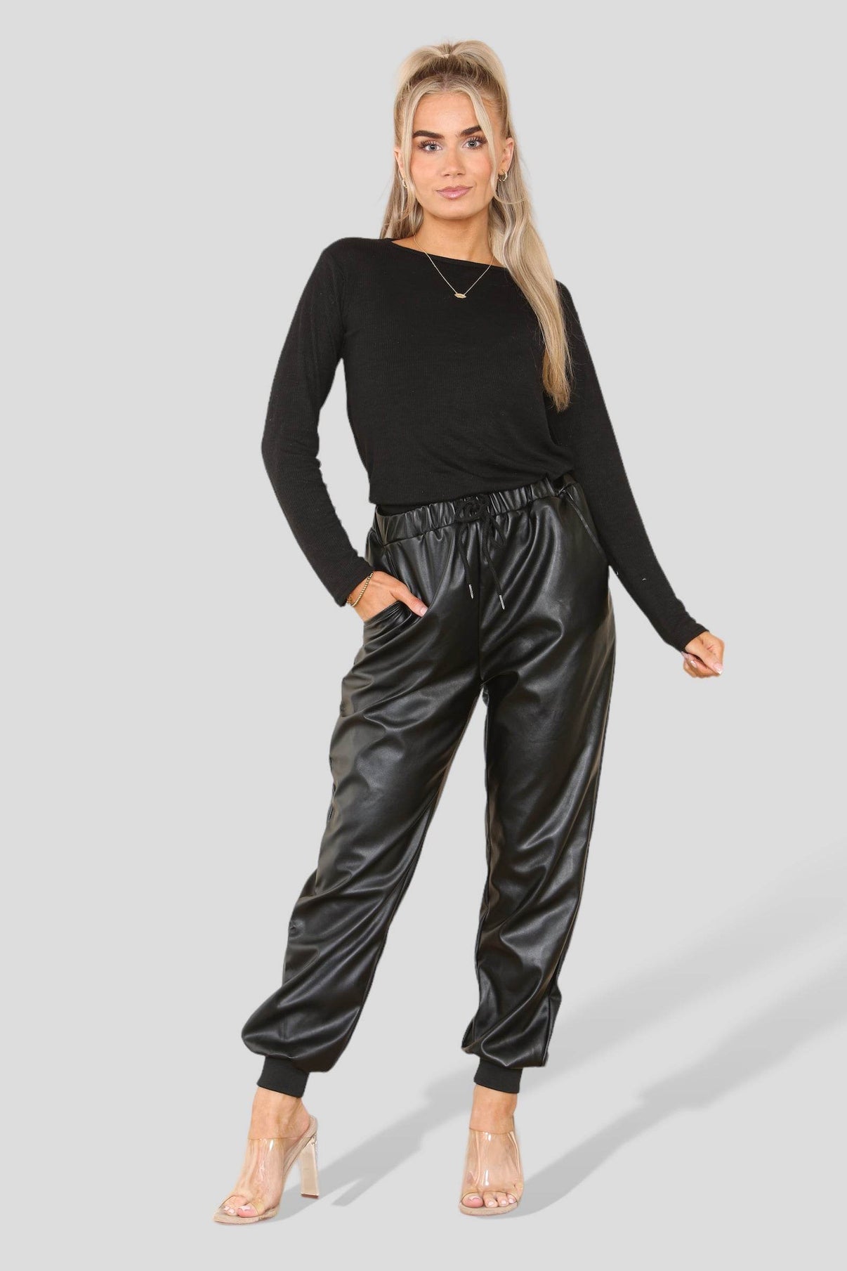 Elaina Fashion Women's Black Faux PU Leather Solid Jogger Shiny Wet Look Trouser- Ruched Cuffed Hem Drawstring Waist Casual Loose Fit Jogging Bottom Pant - Elaina Fashion