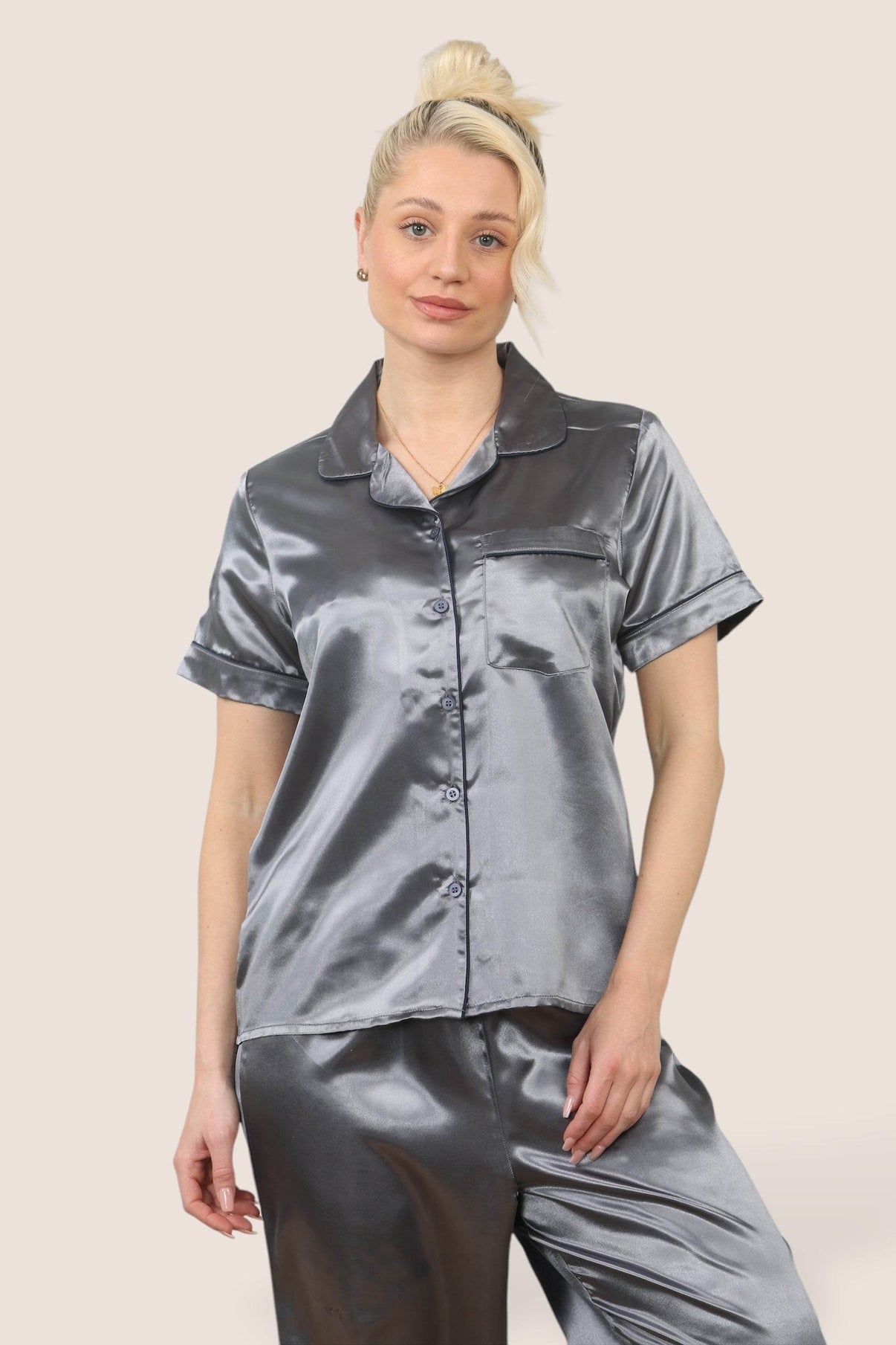 Luxe Satin Short Sleeve PJ Set – GREY - Elaina Fashion