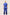 Woman wearing a royal blue satin pyjama set with short sleeves and long trousers, featuring dark-coloured piping details, standing against a neutral background