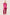 Woman wearing a hot pink satin pyjama set with short sleeves and long trousers, featuring dark-coloured piping details, standing against a neutral background