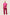 Woman wearing a hot pink satin pyjama set with short sleeves and long trousers, featuring dark-coloured piping details, standing against a neutral background