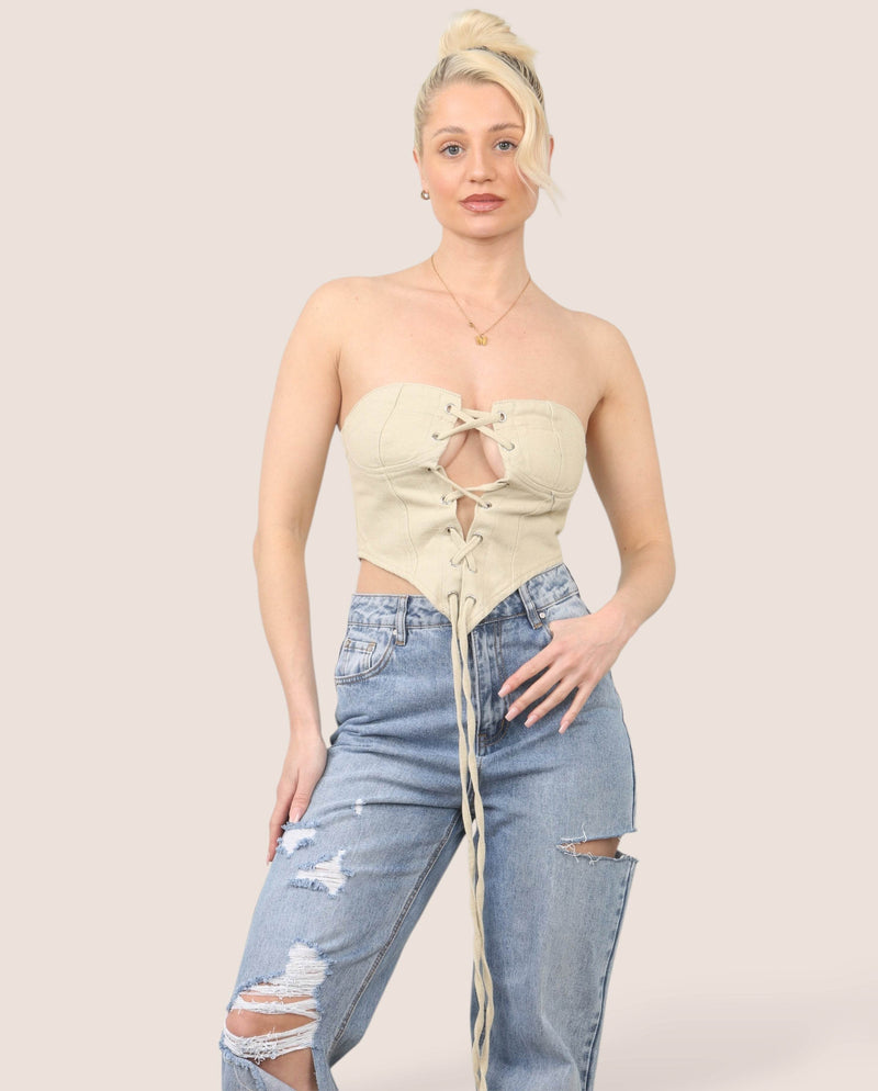 Stone Denim Lace-Up Corset Top - Elaina Fashion