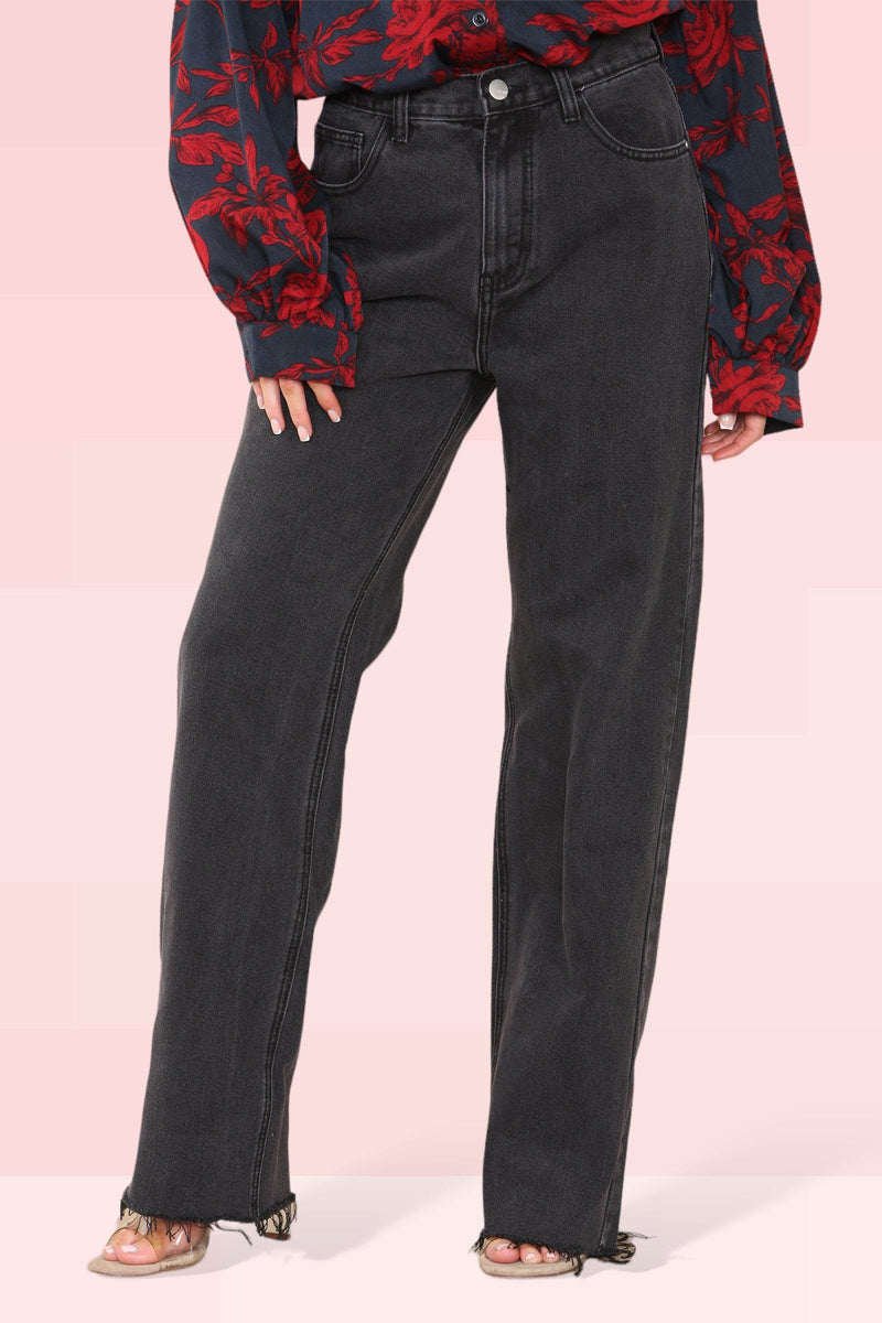 Elaina Fashion Women Black High Waist Straight Wide Leg Frayed Distressed Jeans Casual Raw Ripped Hem Baggy Denim Pants for Vintage Streetwear Outing - Elaina Fashion