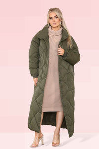Women's Khaki Full-Length Longline Maxi Quilted Padded Coat - Warm and Comfortable Puffer Down Jacket with Pockets, Long Sleeves, Full Zip, Oversized Winter Gilet Bodywarmer Outwear - Elaina Fashion