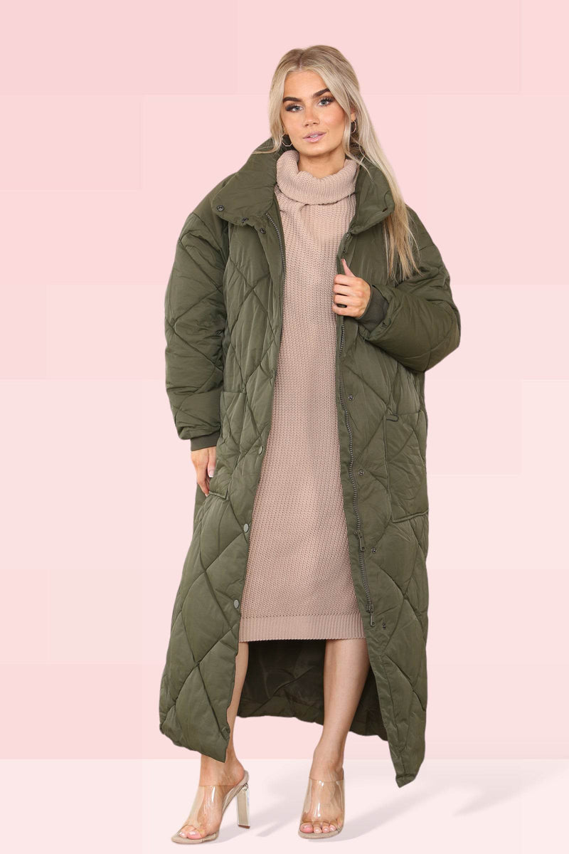 Women's Khaki Full-Length Longline Maxi Quilted Padded Coat - Warm and Comfortable Puffer Down Jacket with Pockets, Long Sleeves, Full Zip, Oversized Winter Gilet Bodywarmer Outwear - Elaina Fashion