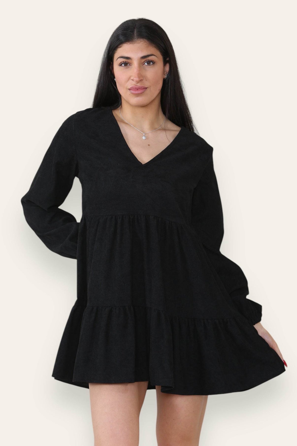 Women's Black Corduroy V-Neck Smock Mini Dress - Loose Swing Short Knee-Length Summer Casual Dress with Long Sleeve for Girls, Beach Party Babydoll Dress - Elaina Fashion