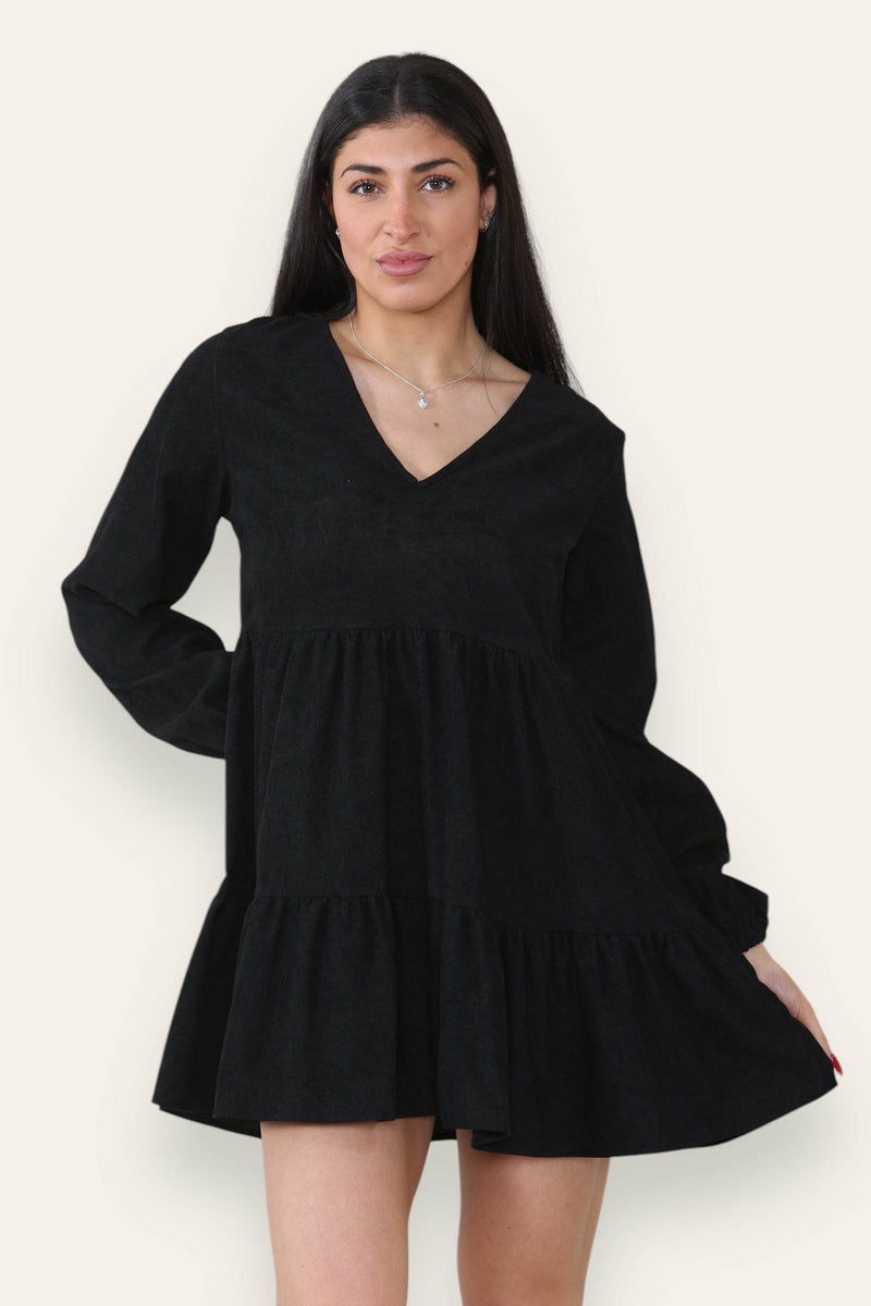 Women's Black Corduroy V-Neck Smock Mini Dress - Loose Swing Short Knee-Length Summer Casual Dress with Long Sleeve for Girls, Beach Party Babydoll Dress - Elaina Fashion