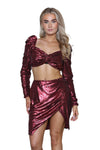 Elaina Fashion Women Burgundy Red Sequin Sparkle Bodycon Crop Top & Pencil Skirt Ladies 2 Piece Co-ord Set Party Club Evening Glitter Nightout Metallic Outfit - Elaina Fashion