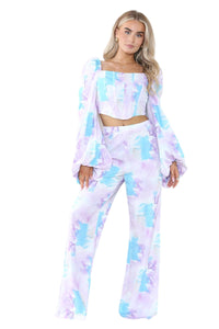 Elaina Fashion Women's Tie Dye Corset Full Sleeve Crop Top, High-Waist Wide Flared Leg Palazzo Trouser Pants 2-Piece Set Casual Summer Club Party Street Wear Co-Ord Outfit - Elaina Fashion