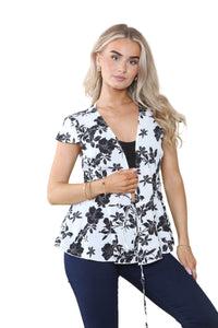 Women’s White Blouse Black Floral Open Front Tie-Up Lace Bow T-Shirt Retro Shirt Cap Sleeve Babydoll Peplum Ruffle Hem Cute Summer Streetwear Casual Top - Elaina Fashion