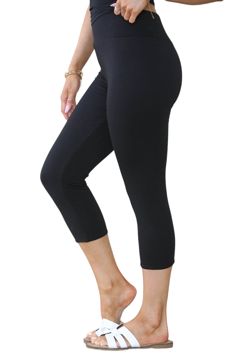 Women's Black High Waist Skinny Fit Stretch Cropped Capri Legging Elasticated Waist Casual Summer 3/4 Length Tights Yoga Gym Workout Activewear - Elaina Fashion