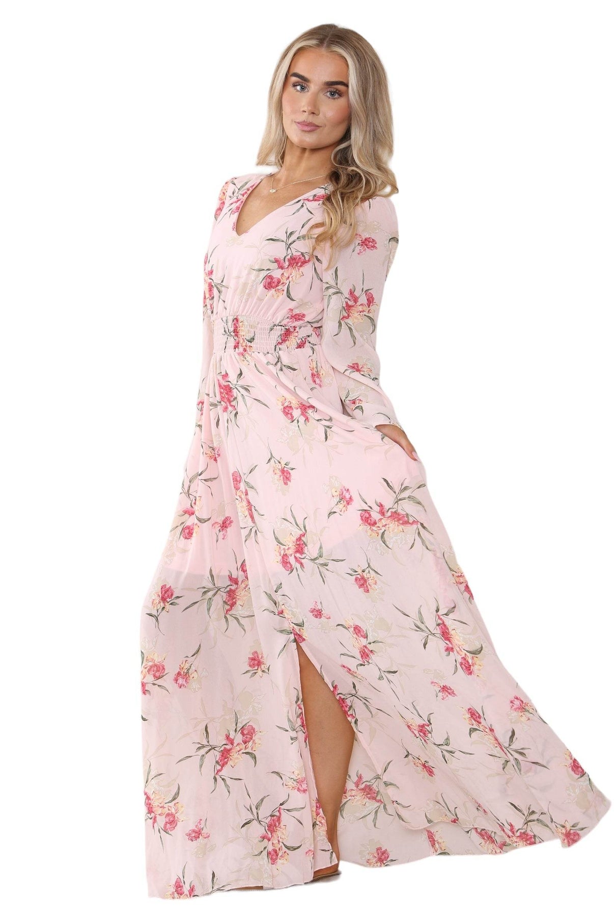 Women's Peach Pink Floral Print V Neck A-Line Maxi Dress, Elegant Casual Swing Frock Summer Wrap Elasticated Waist Sundress Beach Party Club Outing - Elaina Fashion