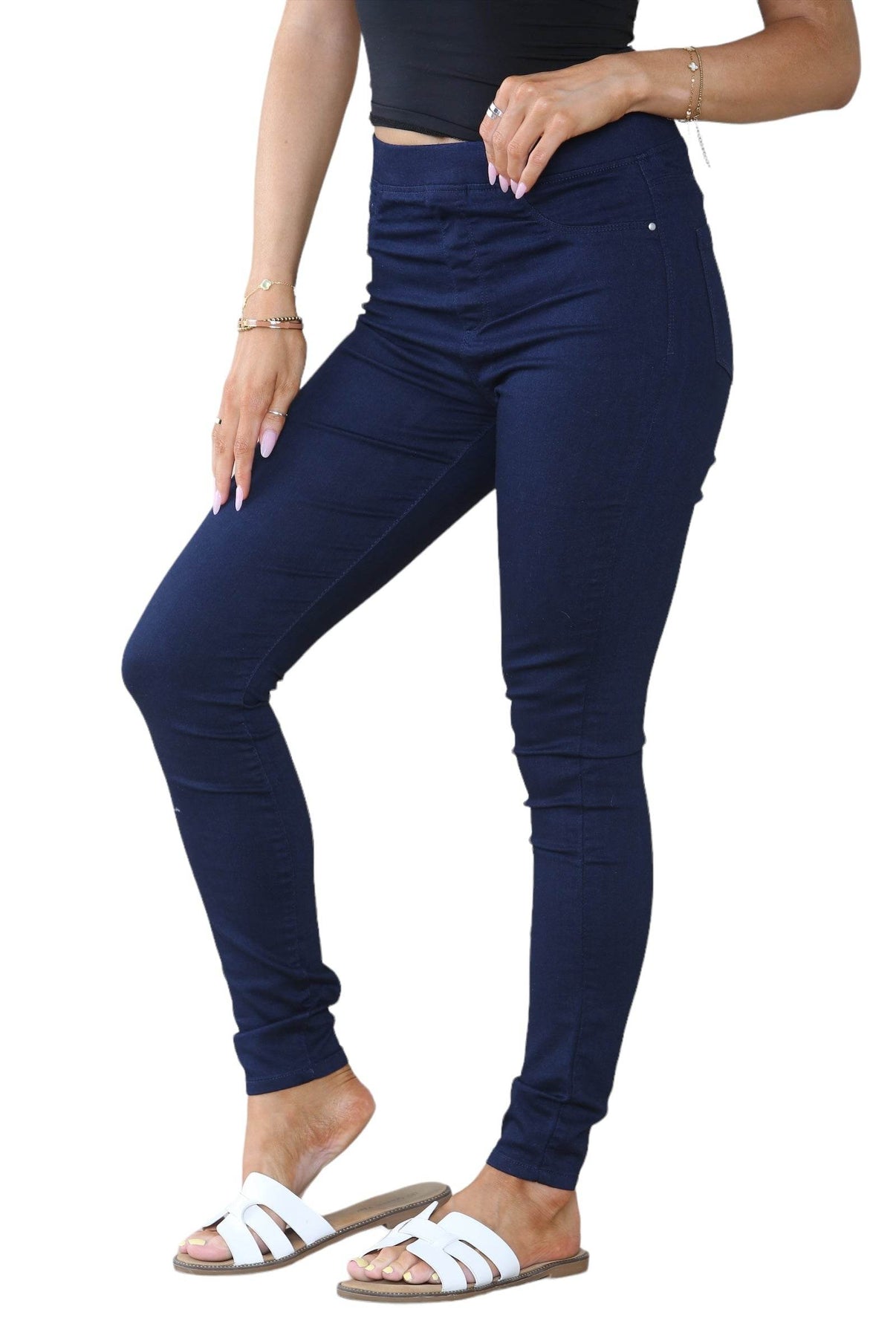 Women's Mocha, Pink, Light Mint, Navy High Waisted Skinny Fit Stretch Jeans Denim Jeggings with Elasticated Waist - Smart Casual Summer Fashion Trousers Leggings - Elaina Fashion