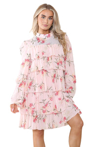 Women's Peach Pink Mock Neck Floral Flowy Ruffle Pleated Layered Mini Short Dress - Casual Elegant Double-Layered Puffed Bell Sleeve Swing Smocked Sundress for Holidays and Beach - Elaina Fashion