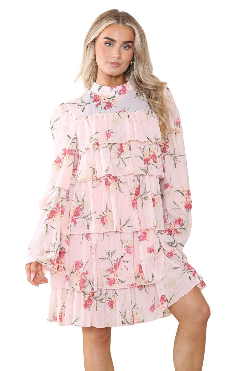Women's Peach Pink Mock Neck Floral Flowy Ruffle Pleated Layered Mini Short Dress - Casual Elegant Double-Layered Puffed Bell Sleeve Swing Smocked Sundress for Holidays and Beach - Elaina Fashion