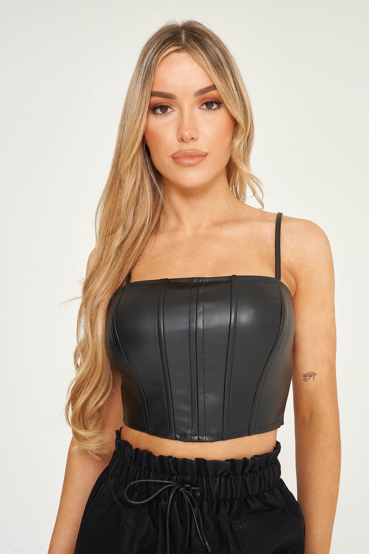 Women's Black Faux PU Leather Strap Corset Style Crop Top- Sleeveless Sexy Bralet Vest Cami Tank Camisole Bustier Backless Blouse Club Party - Elaina Fashion
