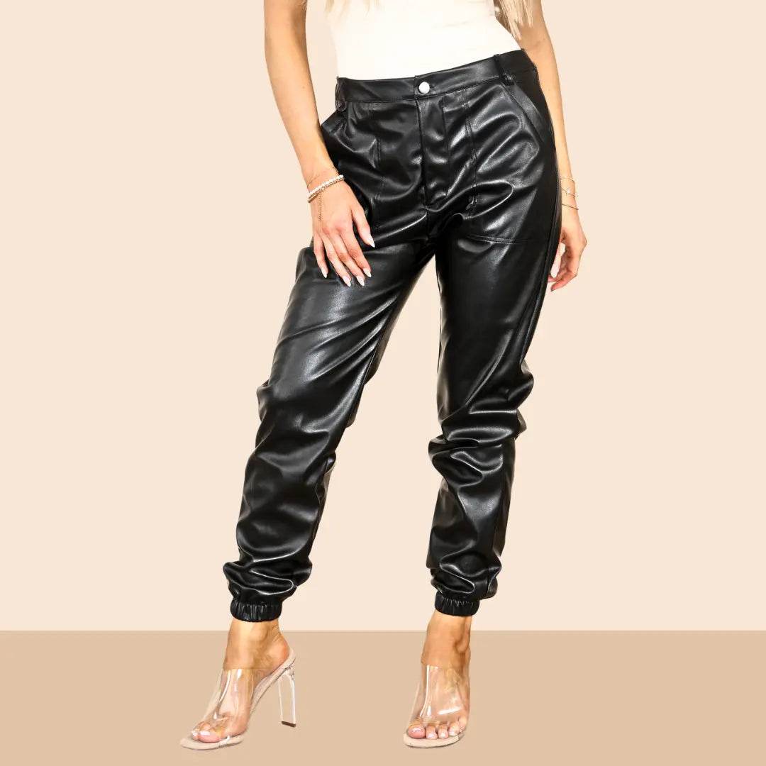 Elaina Fashion Women's Black Faux PU Leather Solid Jogger Trouser High Waist Ruched Cuffed Hem Casual Loose Fit Shiny Look Pant Bottom Club Party Office - Elaina Fashion