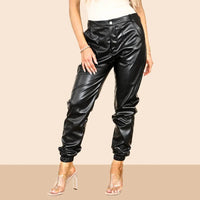 Elaina Fashion Women's Black Faux PU Leather Solid Jogger Trouser High Waist Ruched Cuffed Hem Casual Loose Fit Shiny Look Pant Bottom Club Party Office - Elaina Fashion