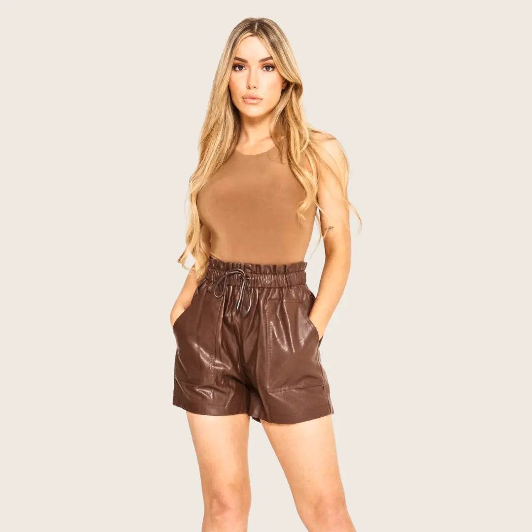 Women's Brown PU Faux Leather Shorts High Waist Bowknot Tie Up Wide Leg Small Mini Shorts Summer Casual Loose Pants Beach Streetwear Club Party Home wear - Elaina Fashion