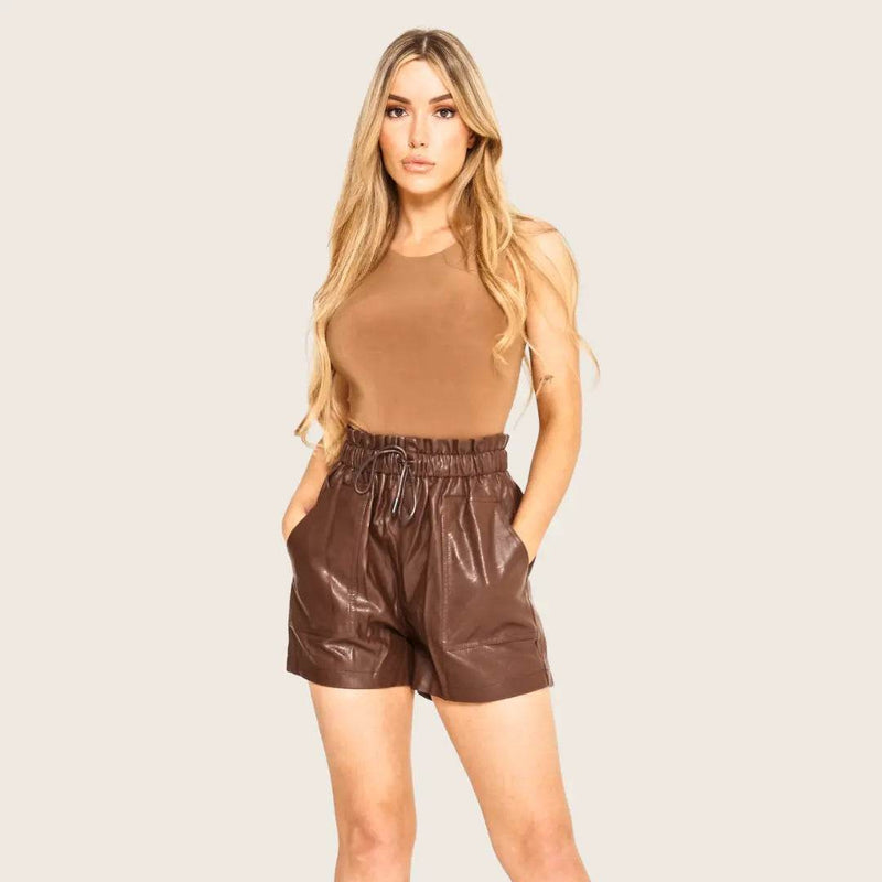 Women's Brown PU Faux Leather Shorts High Waist Bowknot Tie Up Wide Leg Small Mini Shorts Summer Casual Loose Pants Beach Streetwear Club Party Home wear - Elaina Fashion