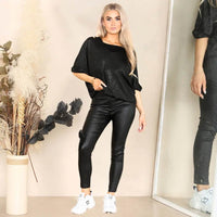 Women's Black Faux PU Leather Slim Fit Wet Look Bodycon Trousers High Waist Stretchy Tapered Leg Activewear Skinny Bike Rider Pants Leggings - Elaina Fashion