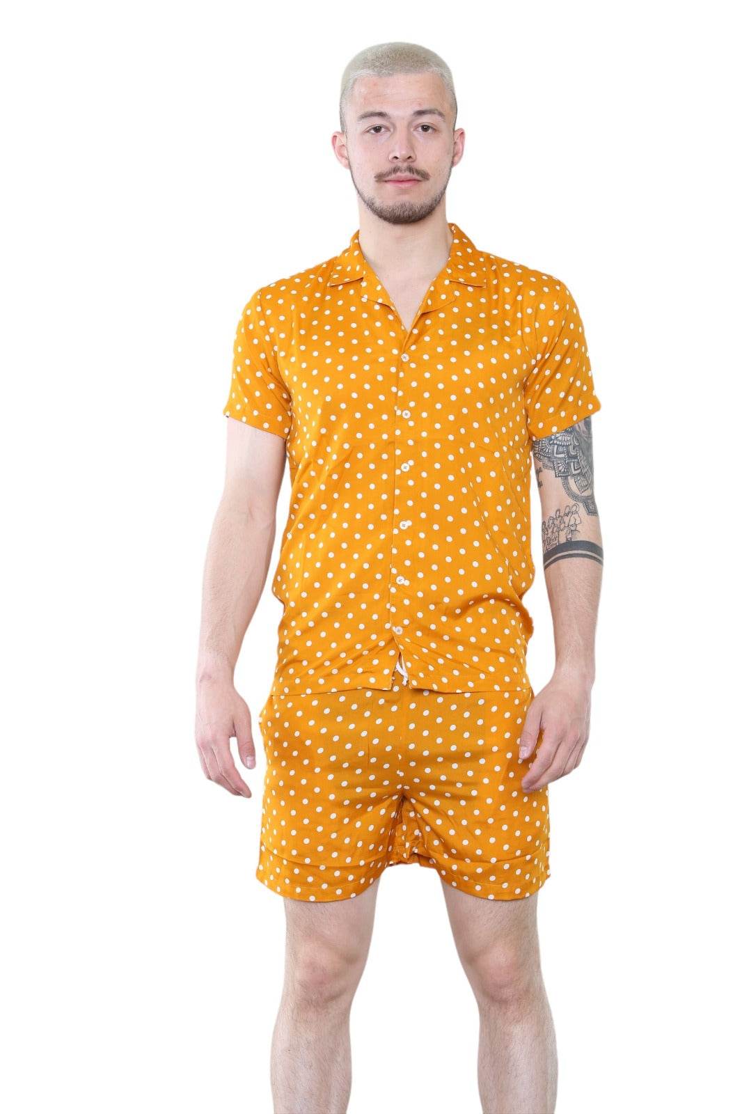 Men's Mustard Polka Dot Shirt and Shorts Set – Retro Summer Co-Ord Outfit - Elaina Fashion