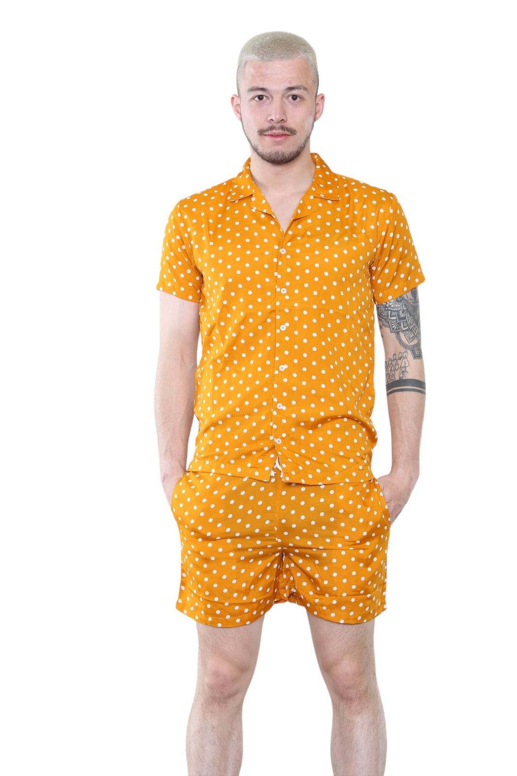 Men's Mustard Polka Dot Shirt and Shorts Set – Retro Summer Co-Ord Outfit - Elaina Fashion