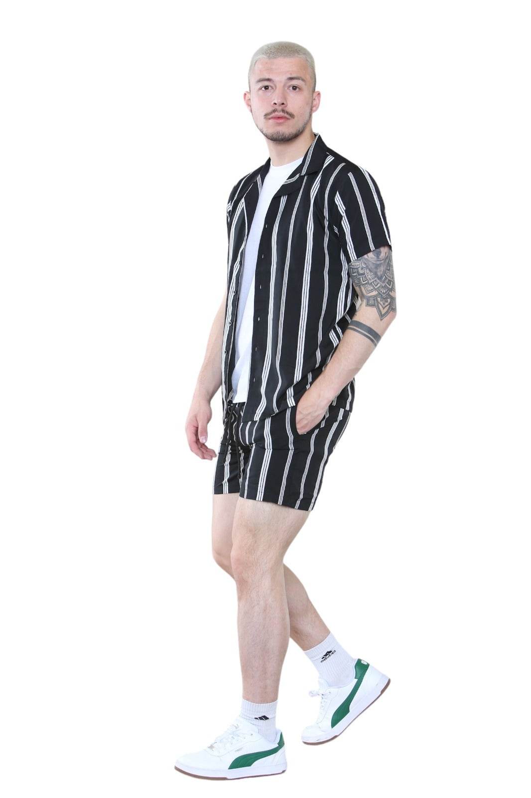 Men's Black Striped Shirt and Shorts Set – Casual Summer Co-Ord Outfit - Elaina Fashion