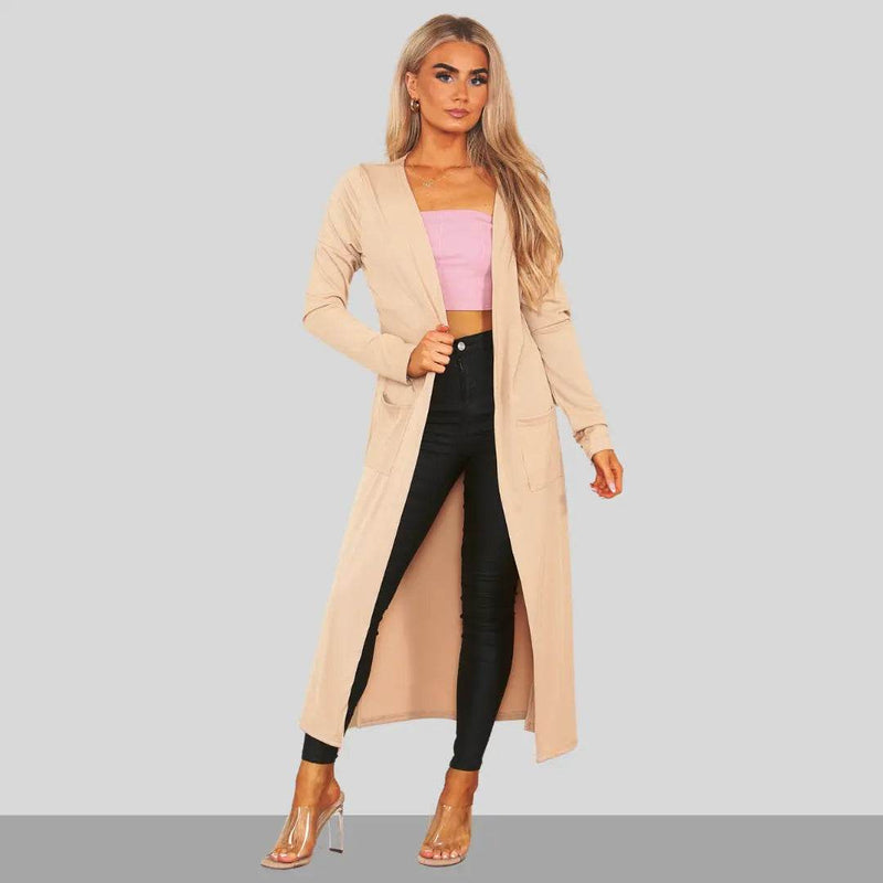 Elaina Fashion Women's Beige Comfy Plain Longline with Side Slits Long - Casual Cardigon Maxi Front Pockets, Long Sleeve - Elaina Fashion