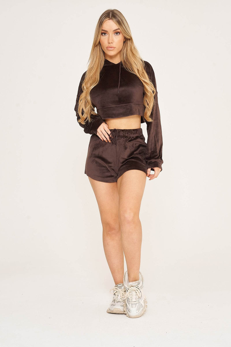 Elaina Fashion Women's Chocolate Velvet Full Sleeve Cropped Hoodie with shorts Loungewear 2Piece Co-ord Set Sportswear Yoga Gym Wear Tracksuits Activewear Outfit - Elaina Fashion