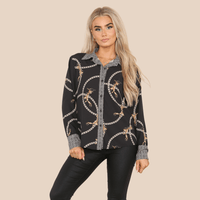 Elaina Fashion Women's Black Printed Collared Neck Button-Down Blouse Shirt Casual Elegant Vintage Style Long Sleeve Cuff Summer Office Work Meeting Daily Wear Top - Elaina Fashion
